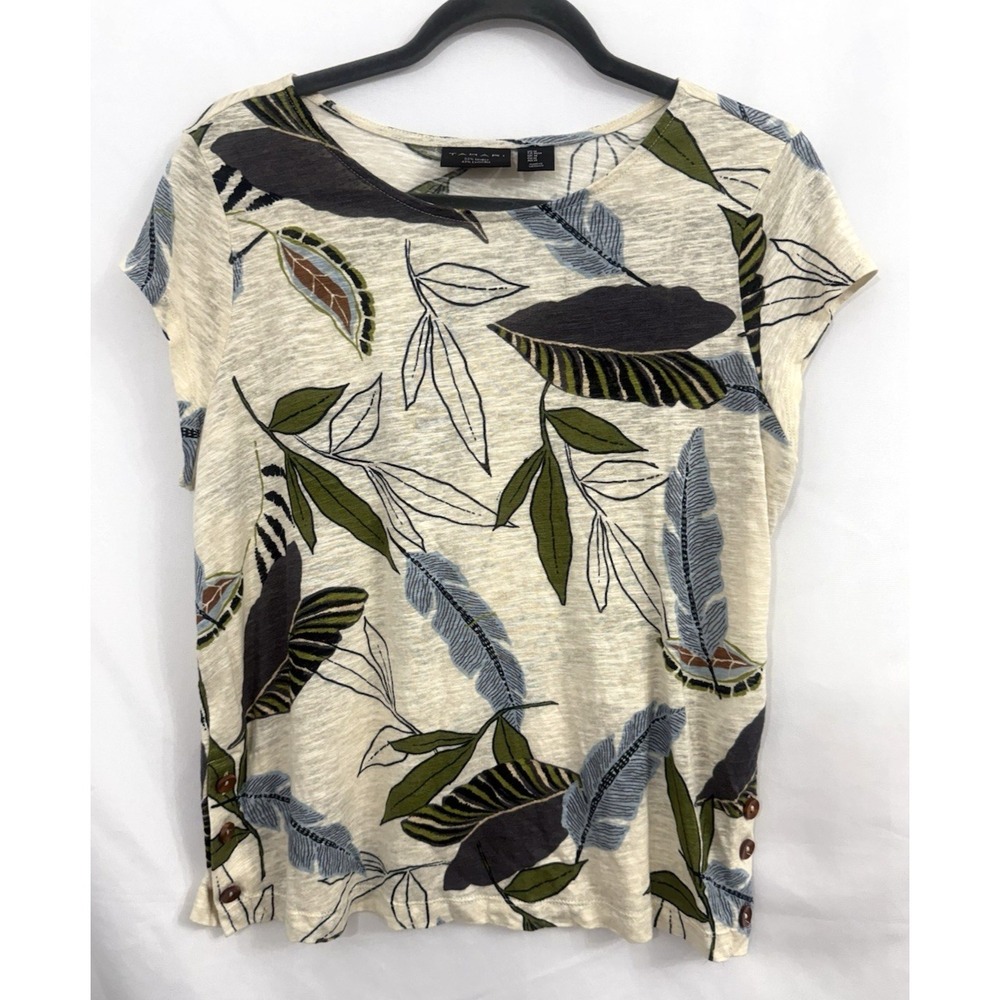 Tahari Ivory Green Leaf Print Linen Lyocell Cap Sleeve Blouse Top Tee Womens M